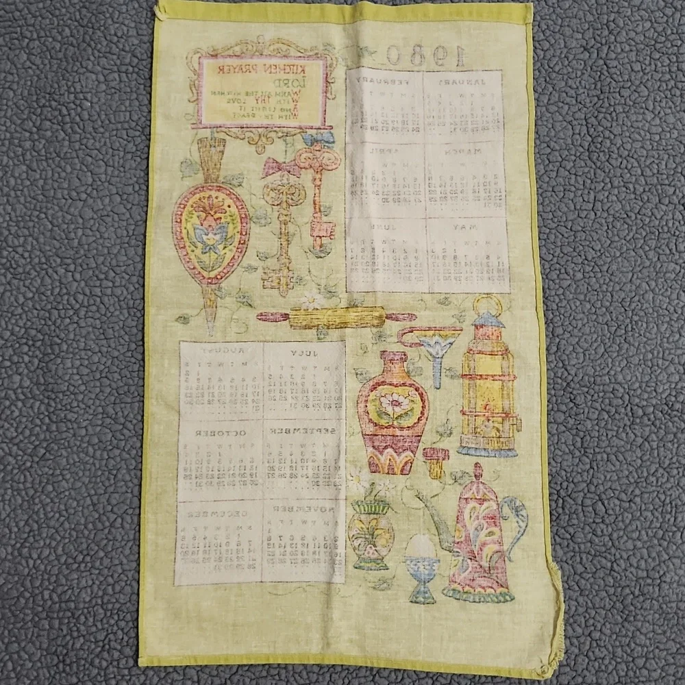 Vintage 1980 Calendar Kitchen Prayer Tea Towel Light Green